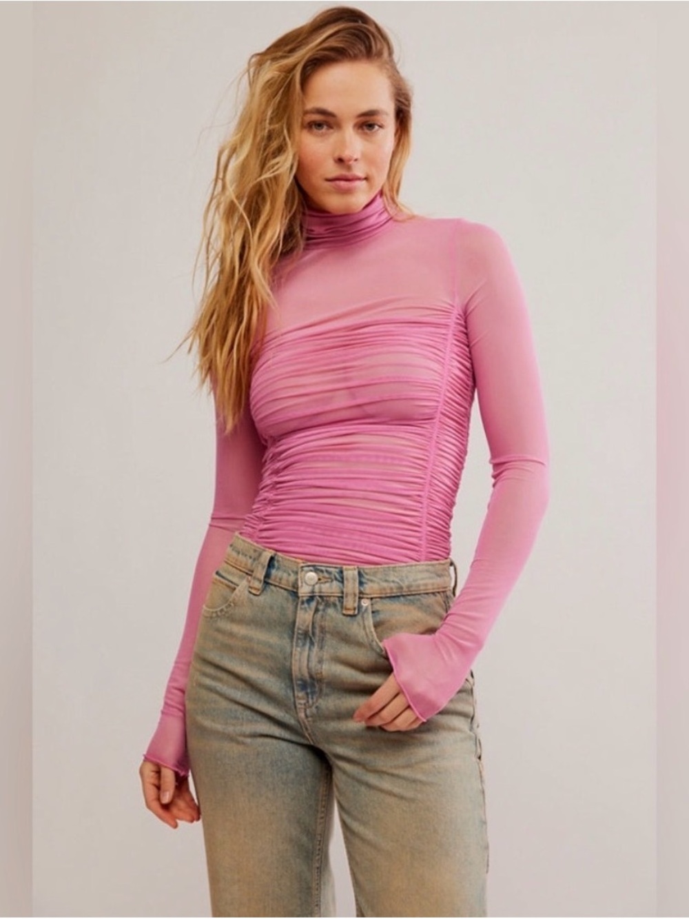 Free People Underneath It All Bodysuit, sheer ruched long sleeve pink bodysuit
